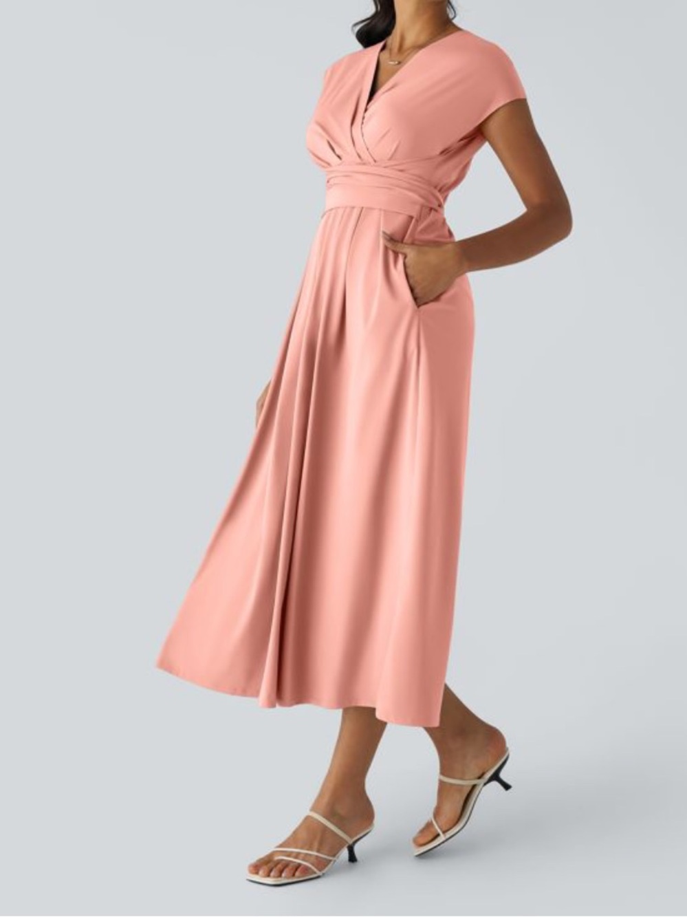 Halara Breezeful™ V Neck Short Sleeve Pocket Tie Back Quick Dry Midi Dress NEW